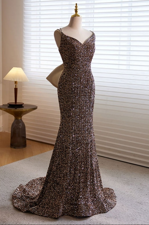 Sparkly Mermaid Slim Long Evening Prom Dress With Bow In Back