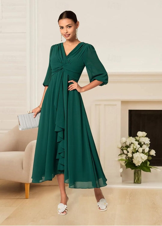 A Line Dress Chiffon Ruffle Party Wedding Guest Elegant Formal V Neck 3/4 Length Sleeve Flared Sleeve