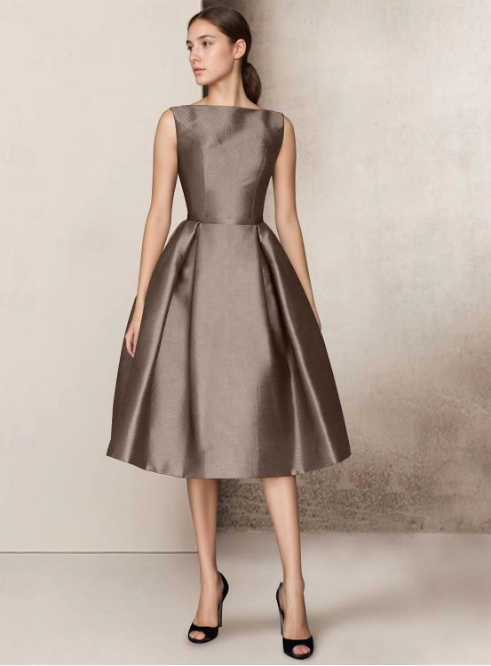 A-Line Wedding Guest Dresses Homecoming Tea Length Sleeveless V Neck Pocket Satin with Bow(s)