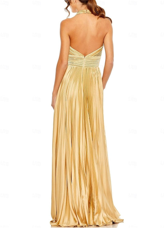 Wedding Guest Dresses Formal Black Tie Floor Length Sleeveless Halter Neck with Bow(s) Pleats