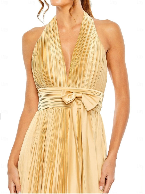 Wedding Guest Dresses Formal Black Tie Floor Length Sleeveless Halter Neck with Bow(s) Pleats