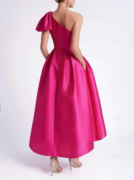 A-Line Wedding Guest Dresses Cocktail Party Tea Length Sleeveless One Shoulder Pocket Satin with Bow(s)