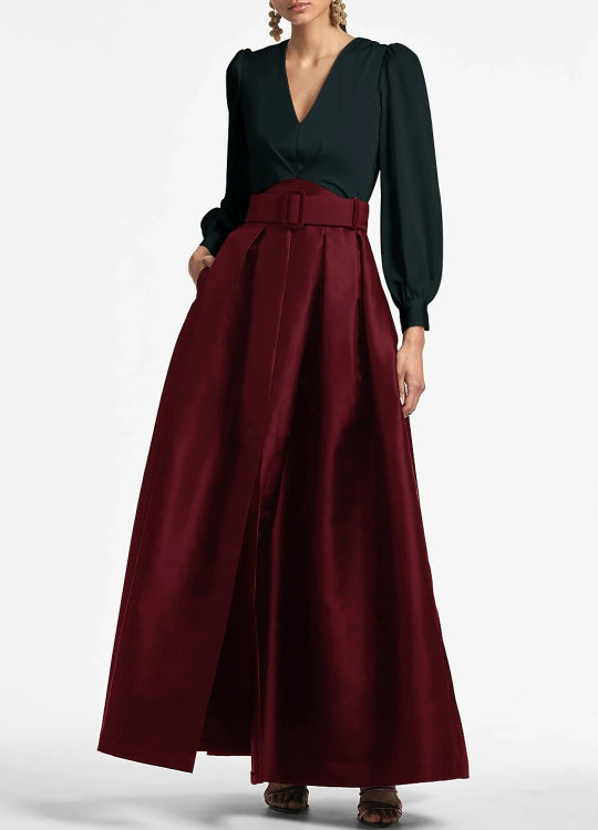 A-Line Party Dress Wedding Guest Floor Length Short Sleeve V Neck Belt / Sash Satin with Pleats