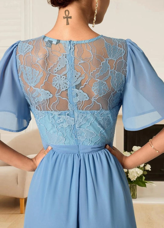 A Line Dress Maxi Dress Lace Ruffle Wedding Guest Formal V Neck Short Sleeve