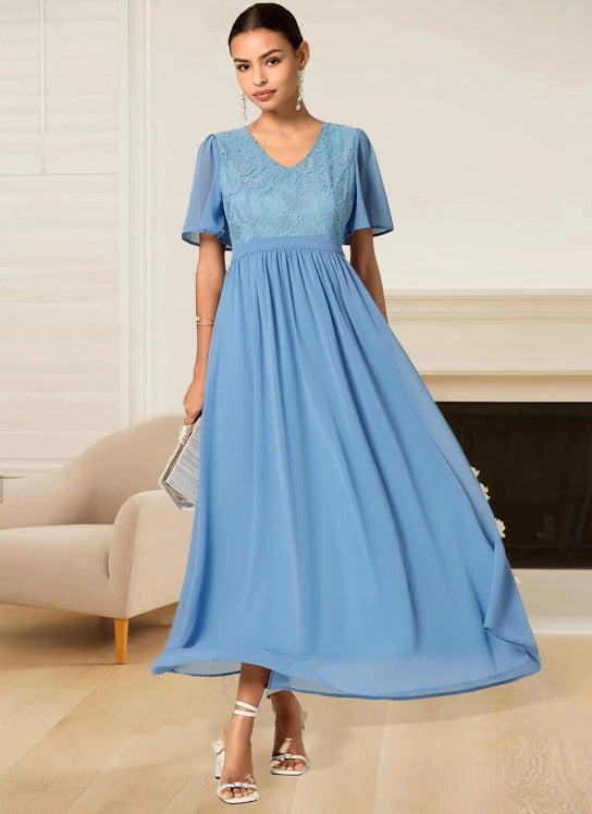 A Line Dress Maxi Dress Lace Ruffle Wedding Guest Formal V Neck Short Sleeve