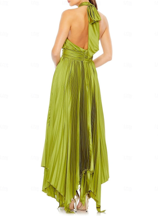 Clover Column Wedding Guest Dresses Formal Black Tie Ankle Length Sleeveless Halter Neck Charmeuse Backless with Pleats