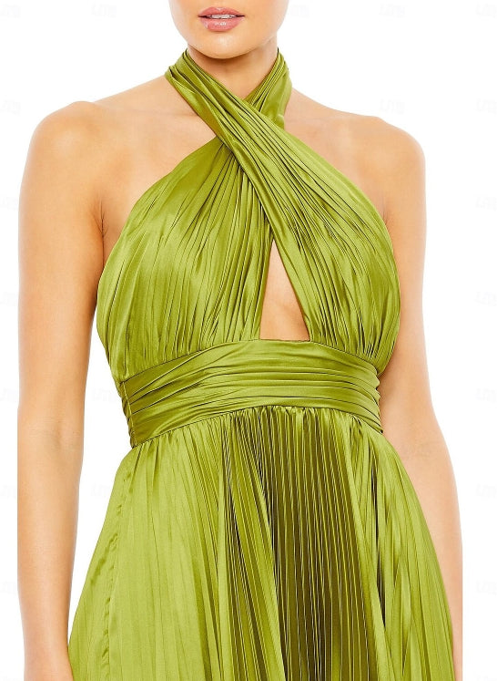 Clover Column Wedding Guest Dresses Formal Black Tie Ankle Length Sleeveless Halter Neck Charmeuse Backless with Pleats