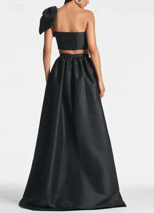Black A-Line Wedding Guest Dresses Formal Black Tie Sleeveless One Shoulder Pocket Satin with Bow(s)