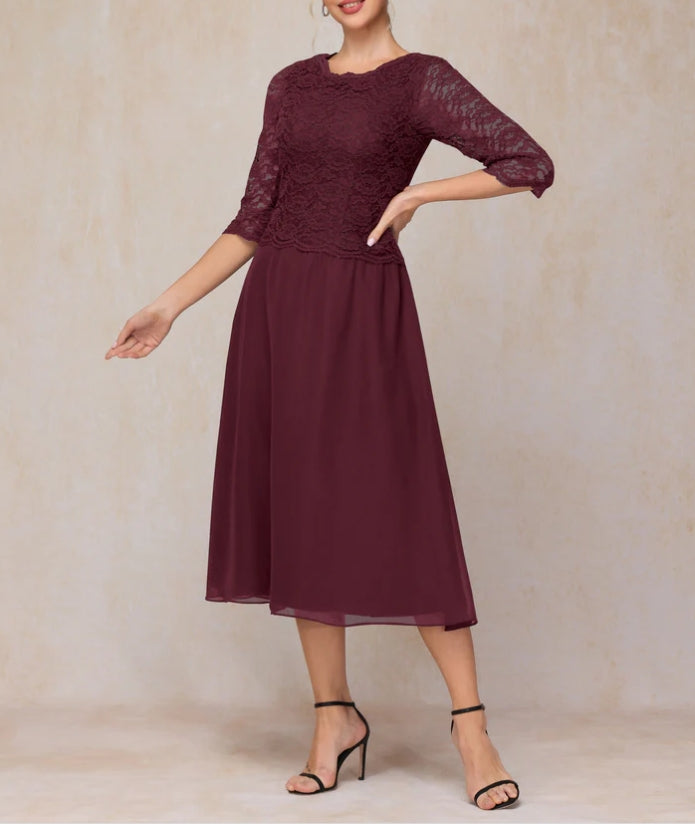 A-Line Tea Length Chiffon Lace Mother Of The Bride Dress