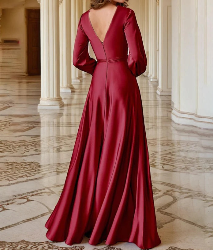 Deep V-Neck Long Sleeves with High Slit Mother of the Bride Dress