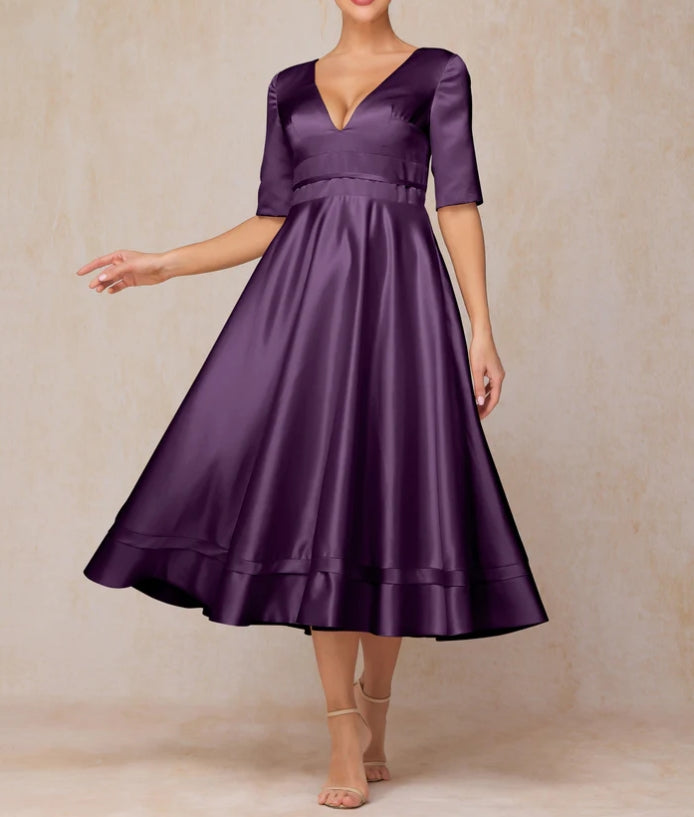 V Neck Short Sleeves Formal Tea Length Satin Mother Of The Bride Dress