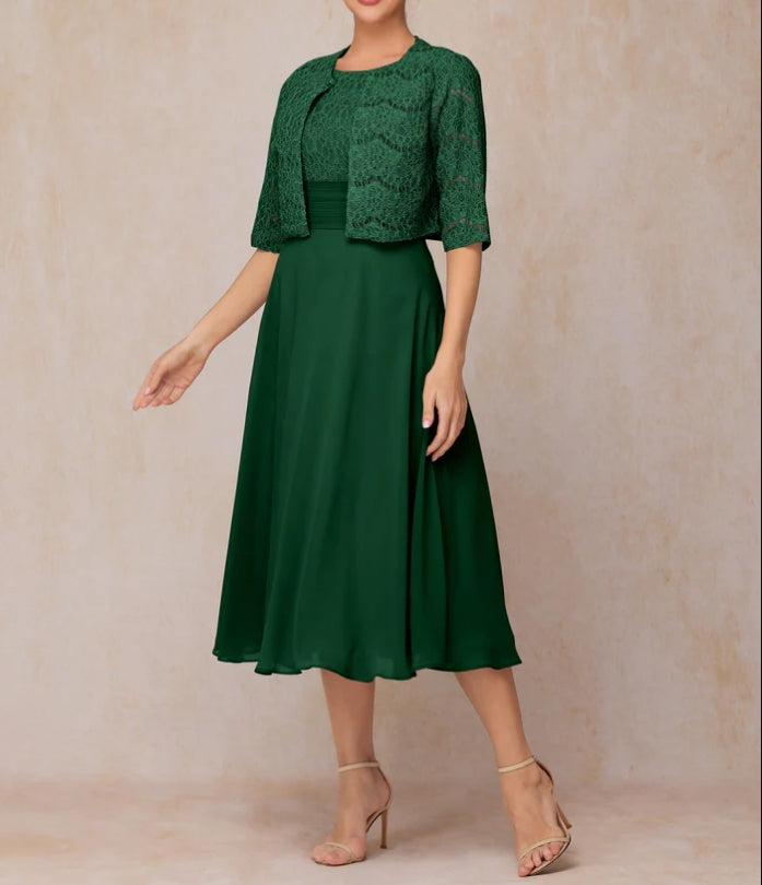 A Line Tea Length Chiffon Lace Mother Of The Bride Dress