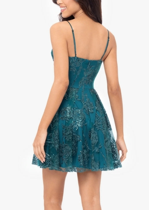 Cute A-Line Cut-Out Short Teal Glitter-Print Homecoming Dress