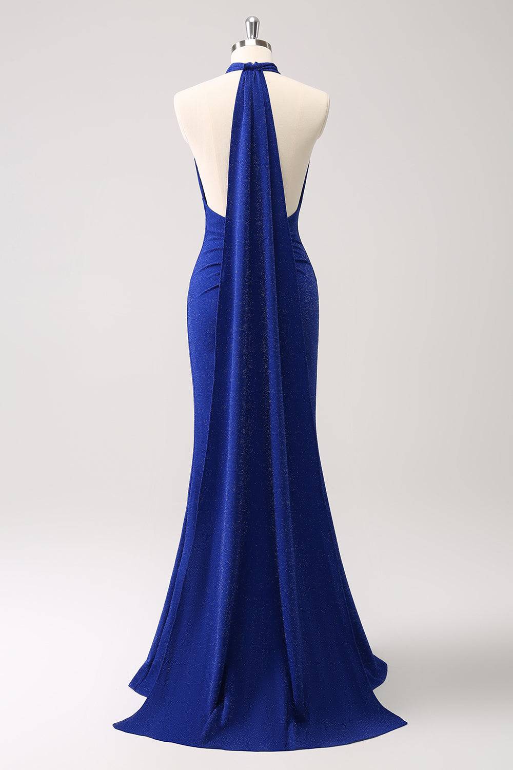 Sparkly Royal Blue Halter Floor-length Mermaid Maxi Dress