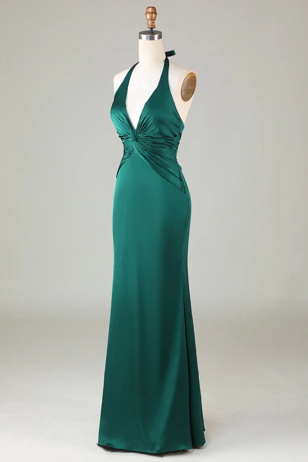 Halter Emerald Green Ruched Mermaid Wedding Guest Party Dress