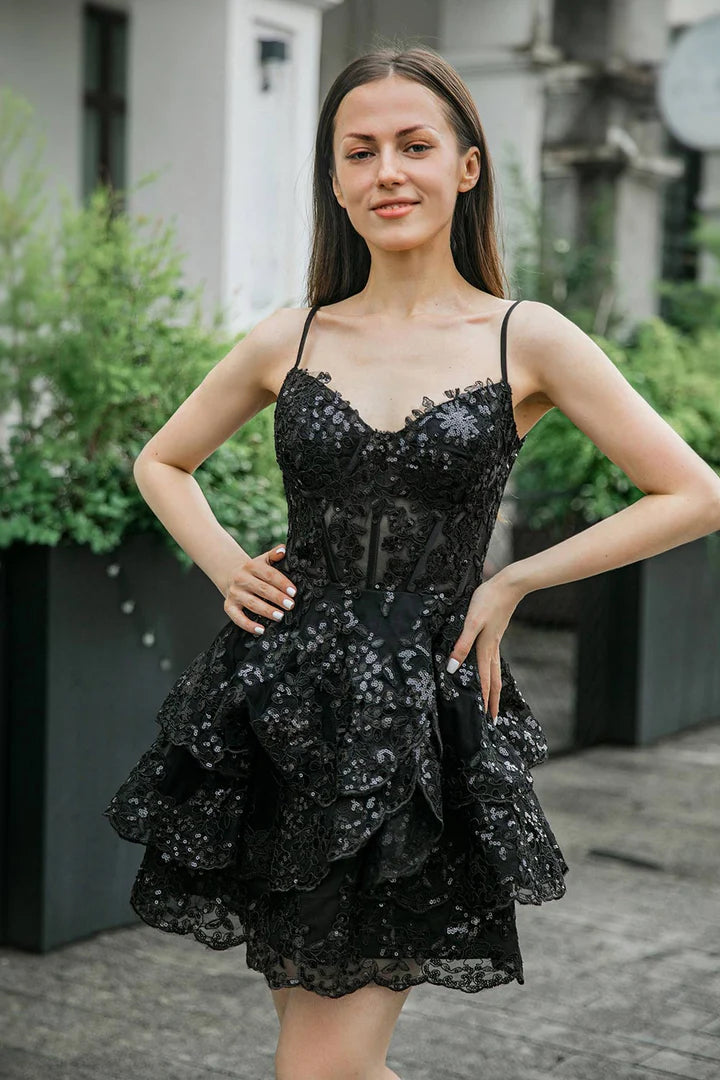 A-Line Princess Ruffle Tiered Spaghetti Strap Homecoming Dress With Sequin