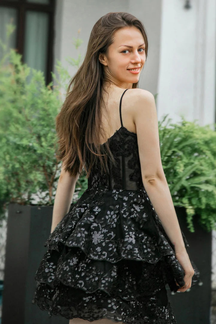A-Line Princess Ruffle Tiered Spaghetti Strap Homecoming Dress With Sequin