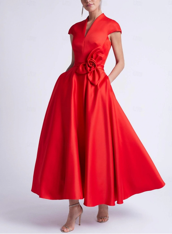 A-Line Wedding Guest Dresses Cocktail Party Tea Length Sleeveless V Neck Pocket Satin with Bow(s