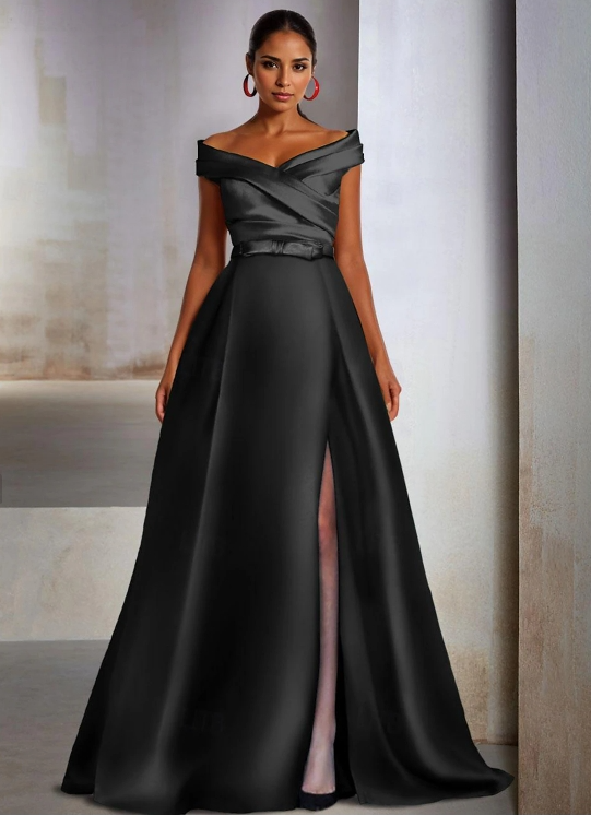 A-Line Wedding Guest Black Tie Floor Length Sleeveless Off Shoulder Pocket Satin with Slit