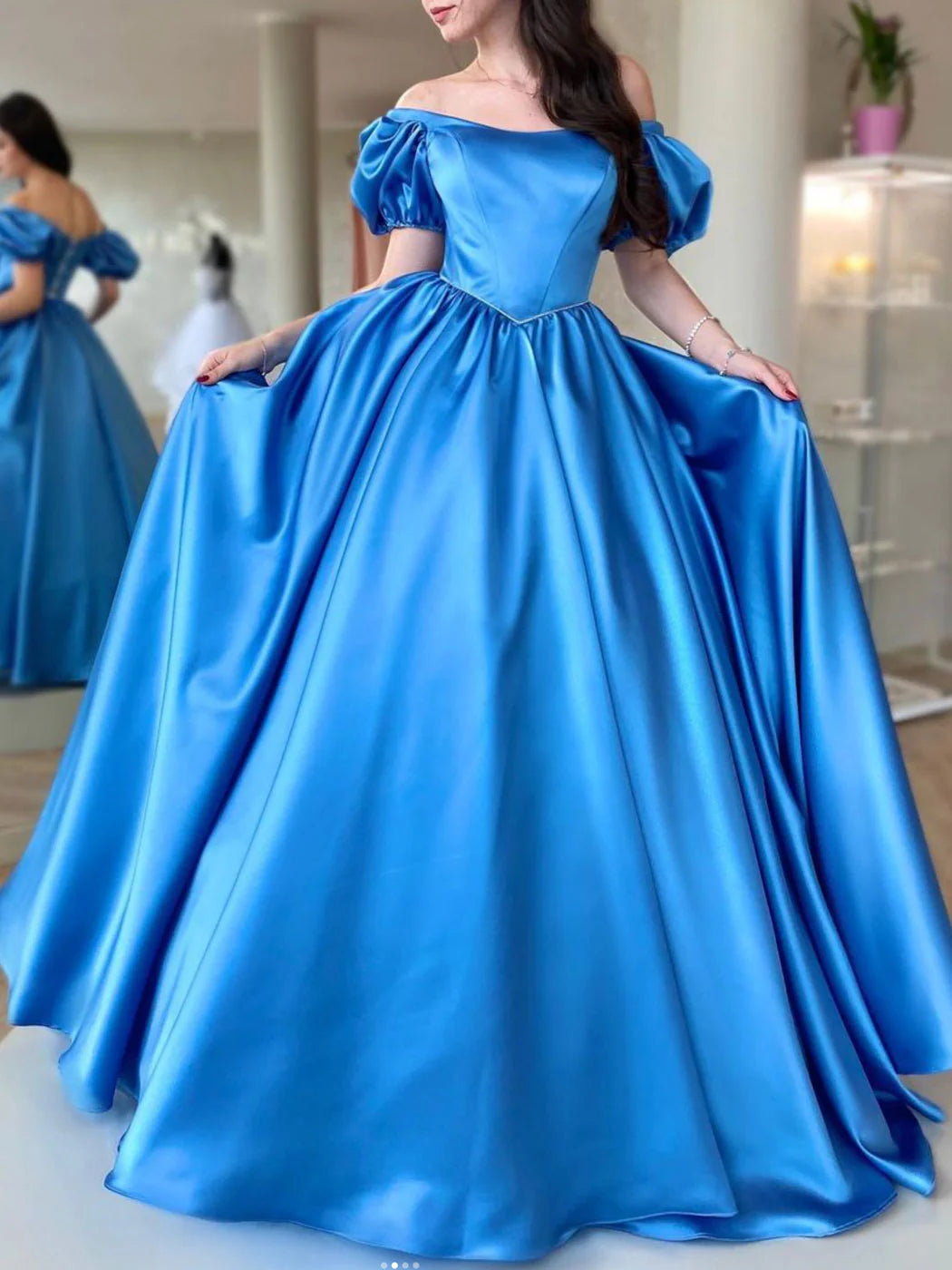 Ballgown Satin Long Prom Dress A Line Long Blue Graduation Dresses