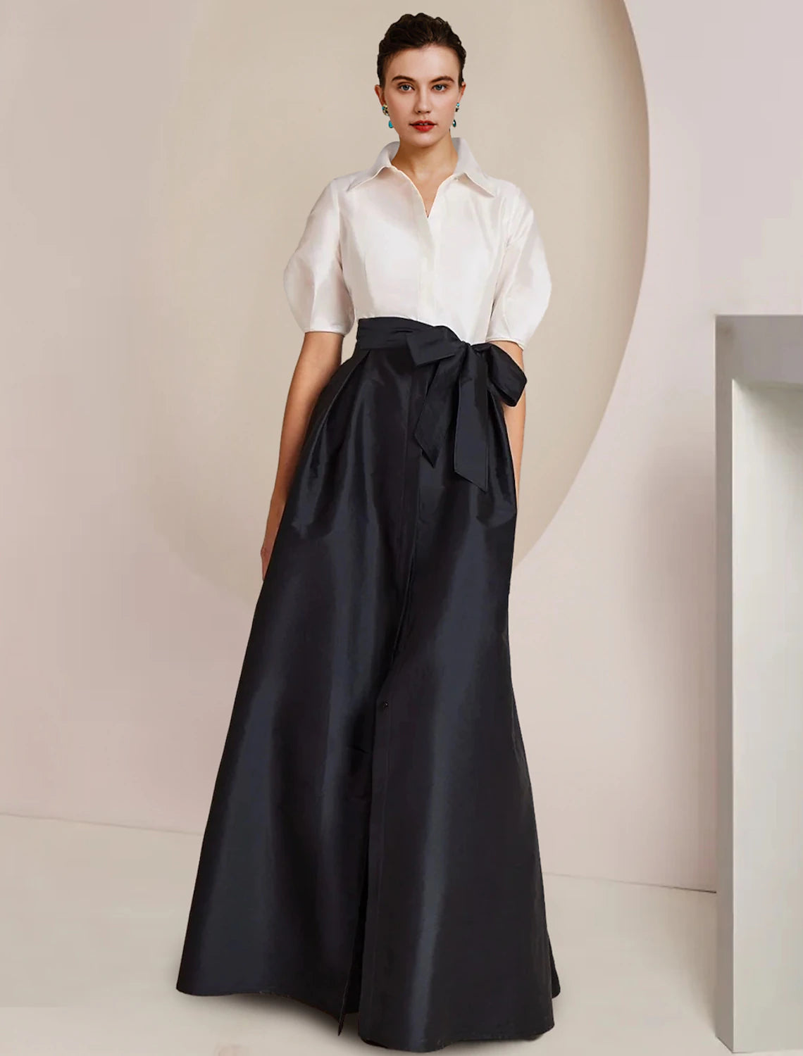A-Line Mother of the Bride Dress Formal Wedding Guest Elegant Party Shirt Collar Floor Length with Bow(s)
