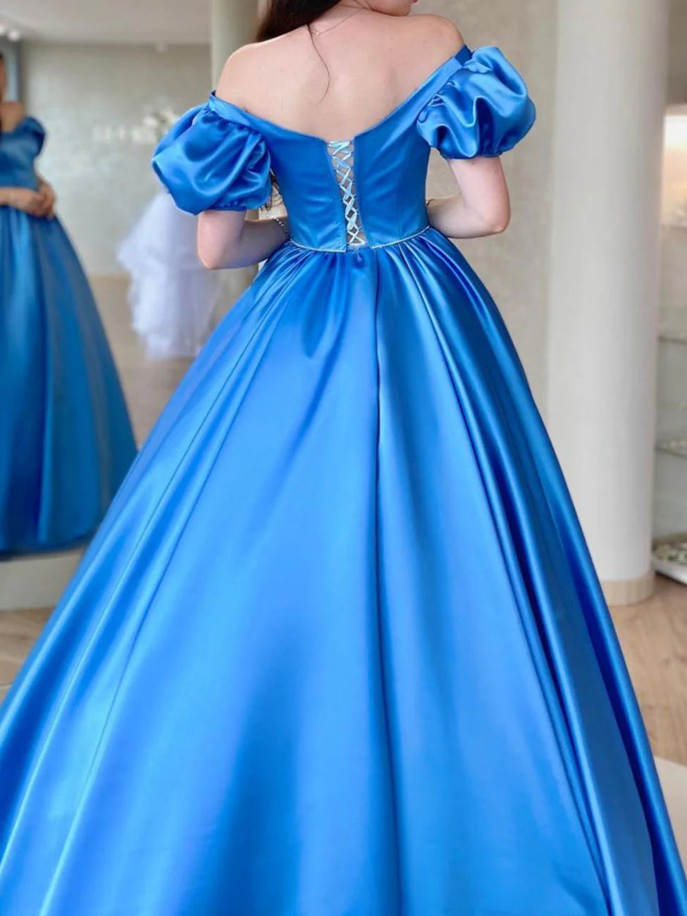 Ballgown Satin Long Prom Dress A Line Long Blue Graduation Dresses