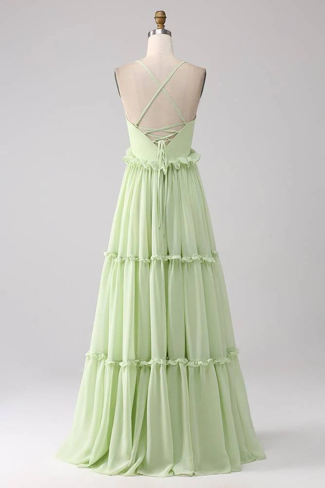 Straps Mint Green Empire A-Line Chiffon Maxi Dress