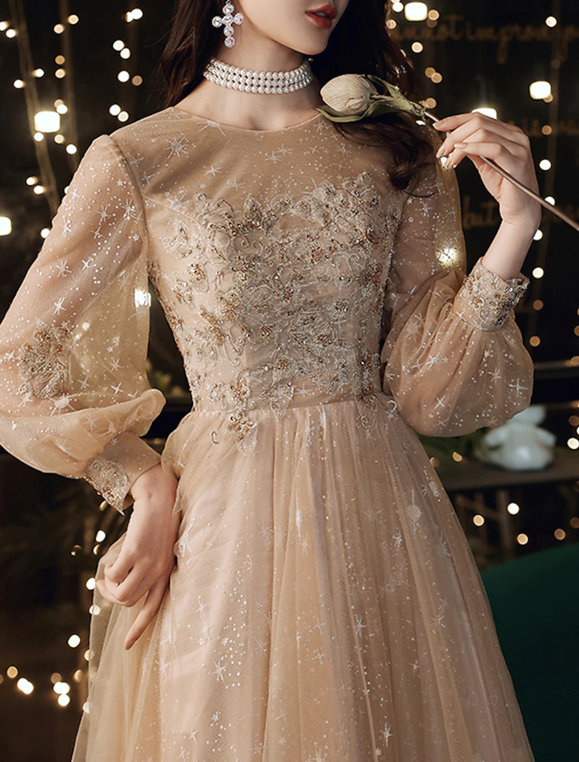 A-Line Prom Dresses Wedding Guest Floor Length Long Sleeve Jewel Neck Tulle with Sequin Appliques