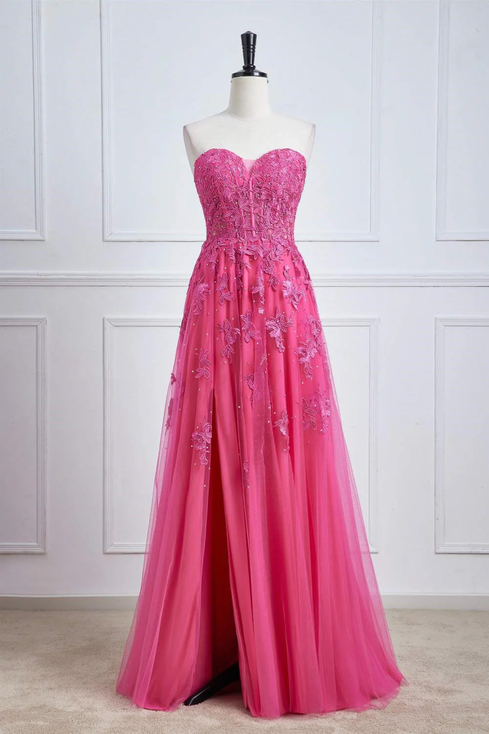 A-Line Long Dress Sweetheart Hot Pink Lace Corset Prom Dress with Slit