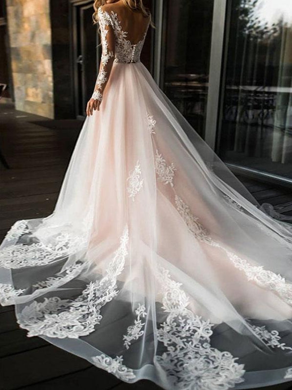 A Line V Neck Wedding Dresses Long Sleeve Lace Applique Tulle Bridal Gowns With Chapel Train