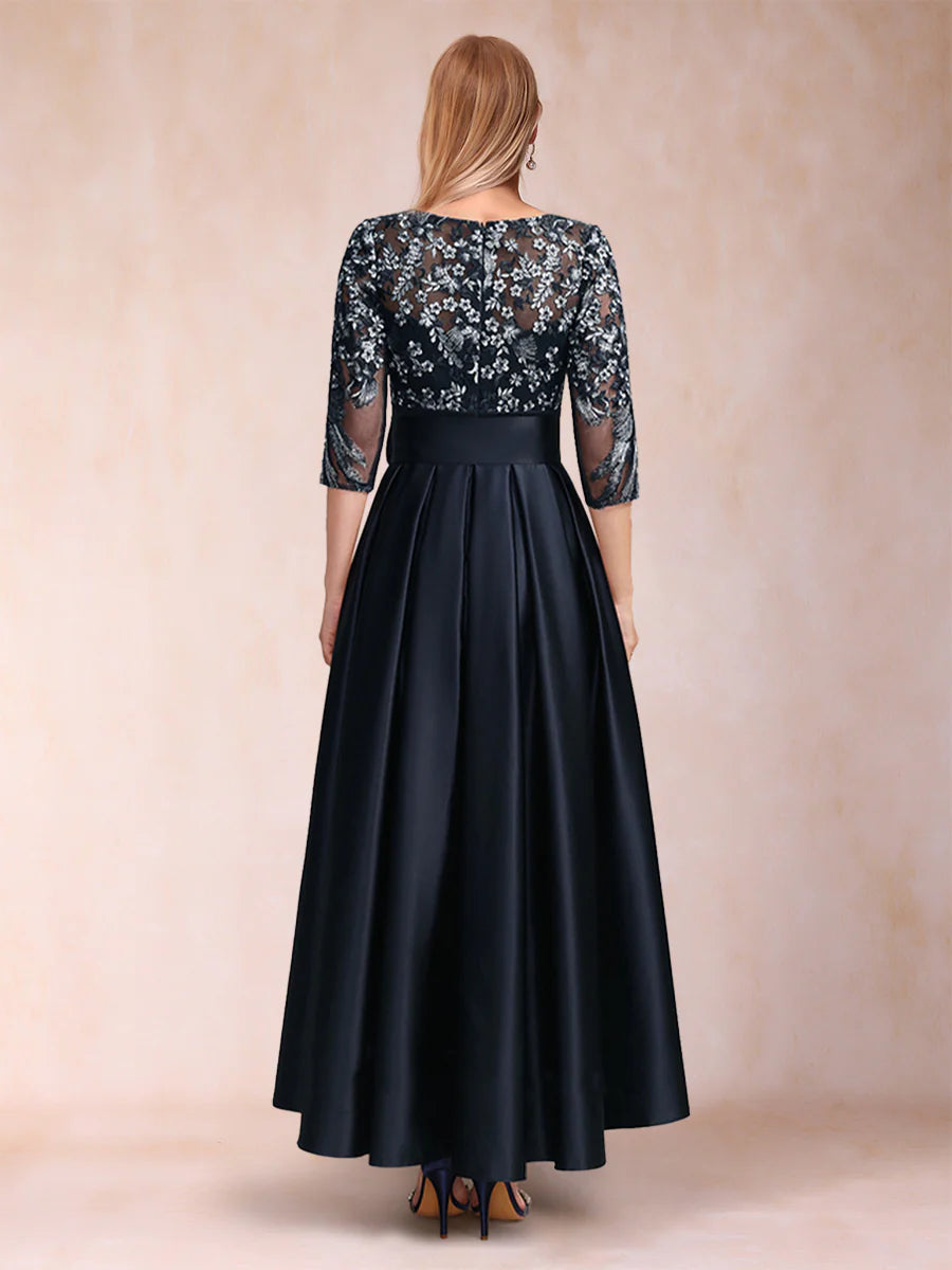 A-Line/Princess Asymmetrical 3/4 Sleeves Scoop Waist Draped Bow Mother of the Bride Dresses