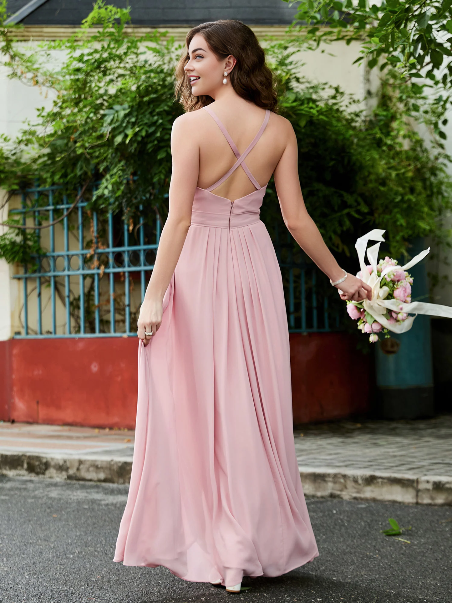 Sleeveless Chiffon Long Ruffle Dusty Rose Bridesmaid Dress