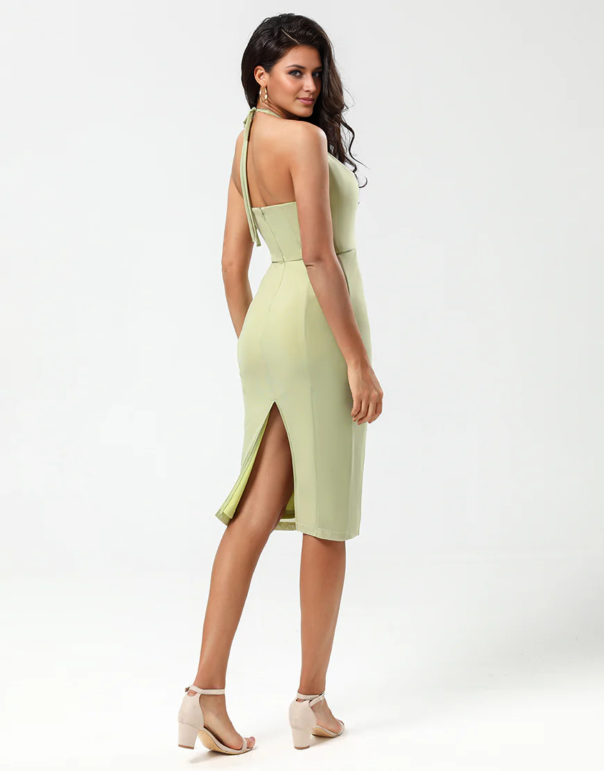 Halter Dusty Sage Bridesmaid Dress Wedding Guest Party Dress with Slit