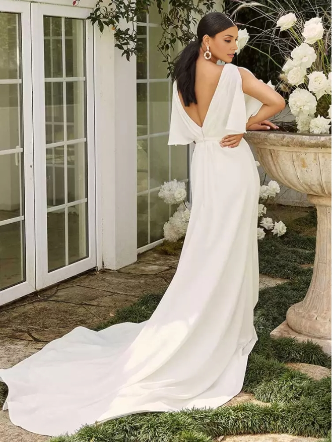 Simple Wedding Dress A-Line V-Neck Half Sleeves Backless Pleated Bridal Gowns