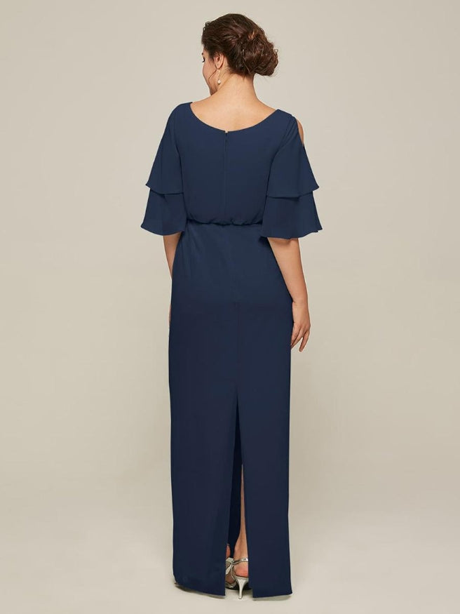 Jewel Neck Short Sleeves A-Line Split Front Wedding Guest Dresses Chiffon Mother of the Bride Dresse