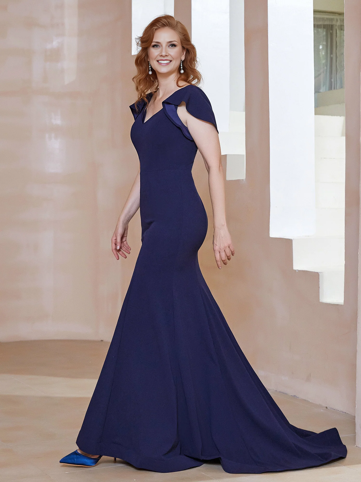 V-Neck Flutter Sleeves Mermaid Dress Dark Navy Mother of the Bride Dresse Sweep/Brush Train Dresses