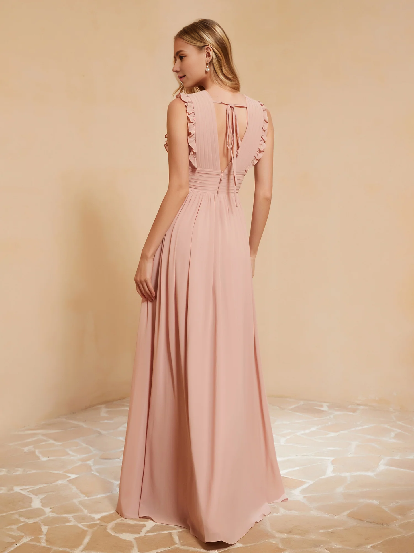 V-neck Ruffles Pleated Dress With Silt Dusty Rose Bridesmaid Dress