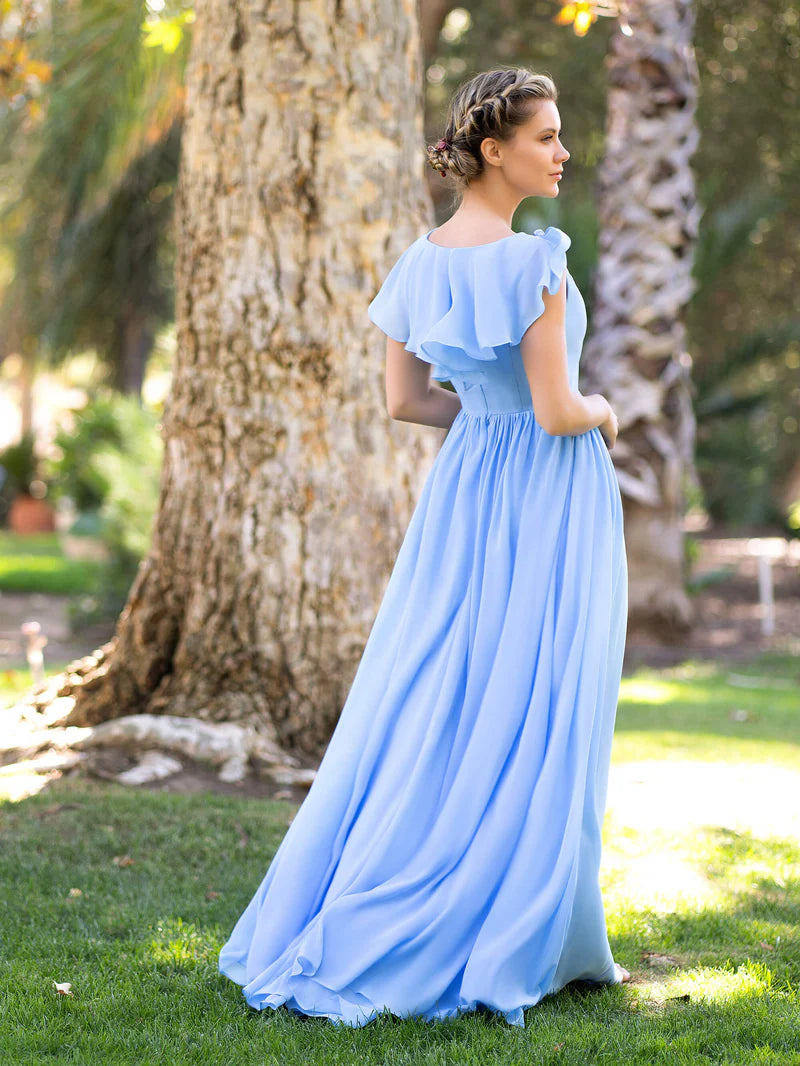 V-neck Asymmetric Top Chiffon Floor Length Bridesmaid Dress