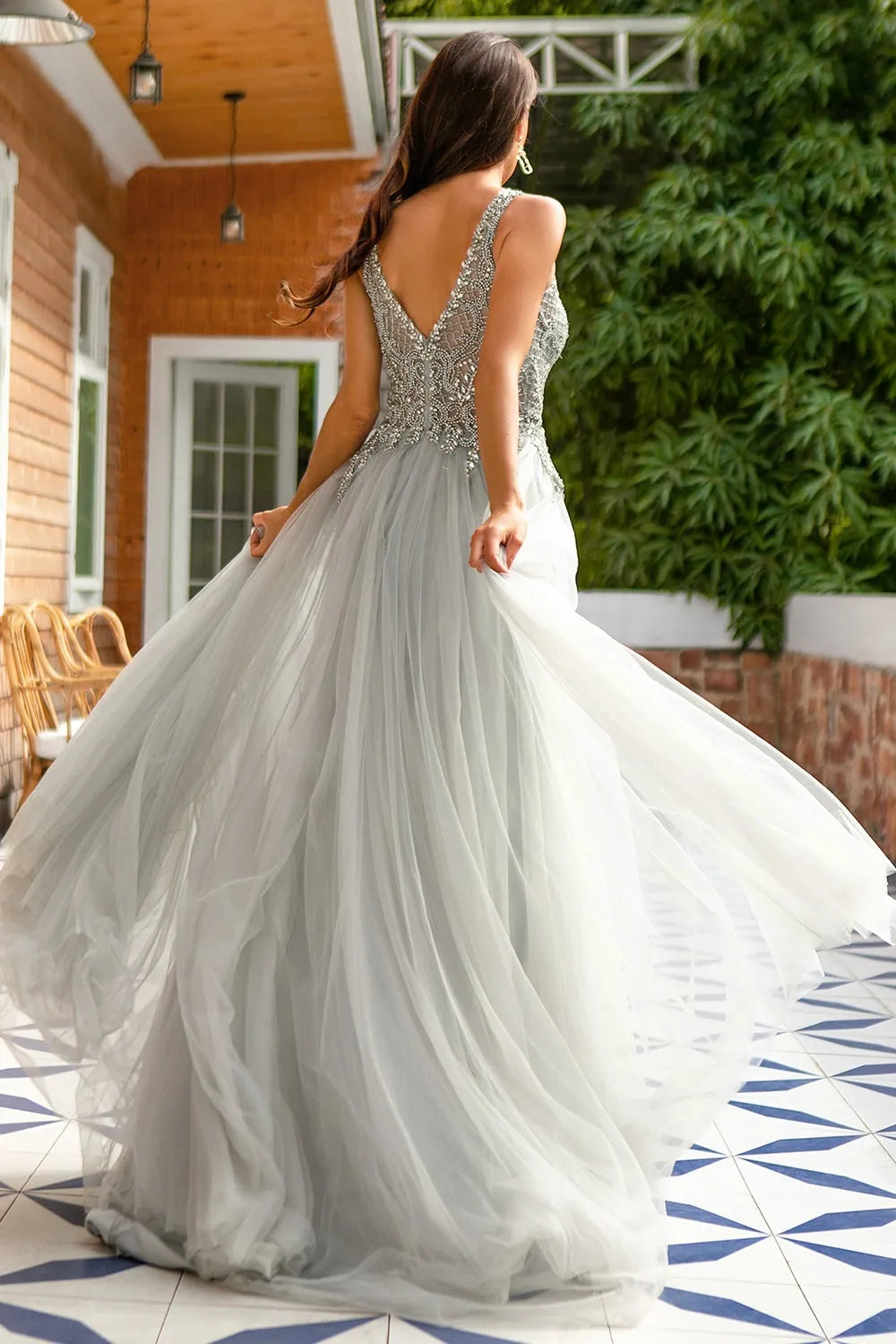 A-Line Princess Grey V Neck Beaded Long Prom Dress Wedding Guest Dresses With Slit