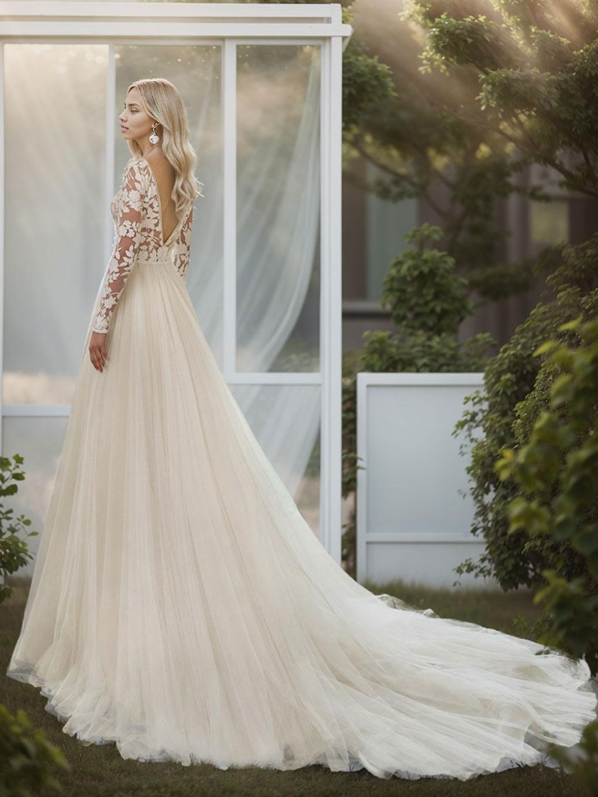 Long Sleeves Wedding Dress A-Line Jewel Neck Lace Bridal Gowns With Sweep Train