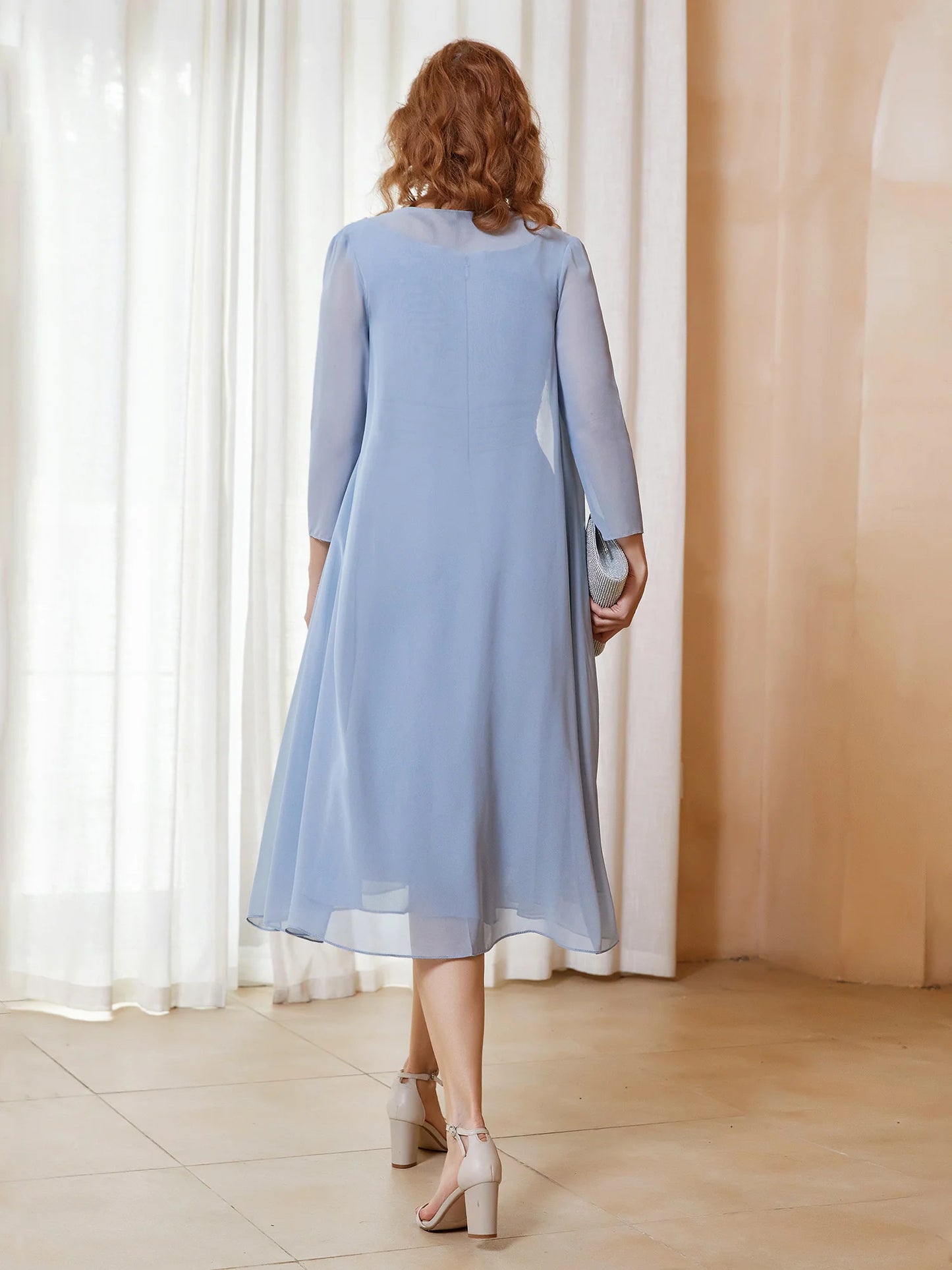 Two Piece Scoop Ruched Chiffon Dress with Jacket Dusty Blue Chiffon Mother of the Bride Dresse