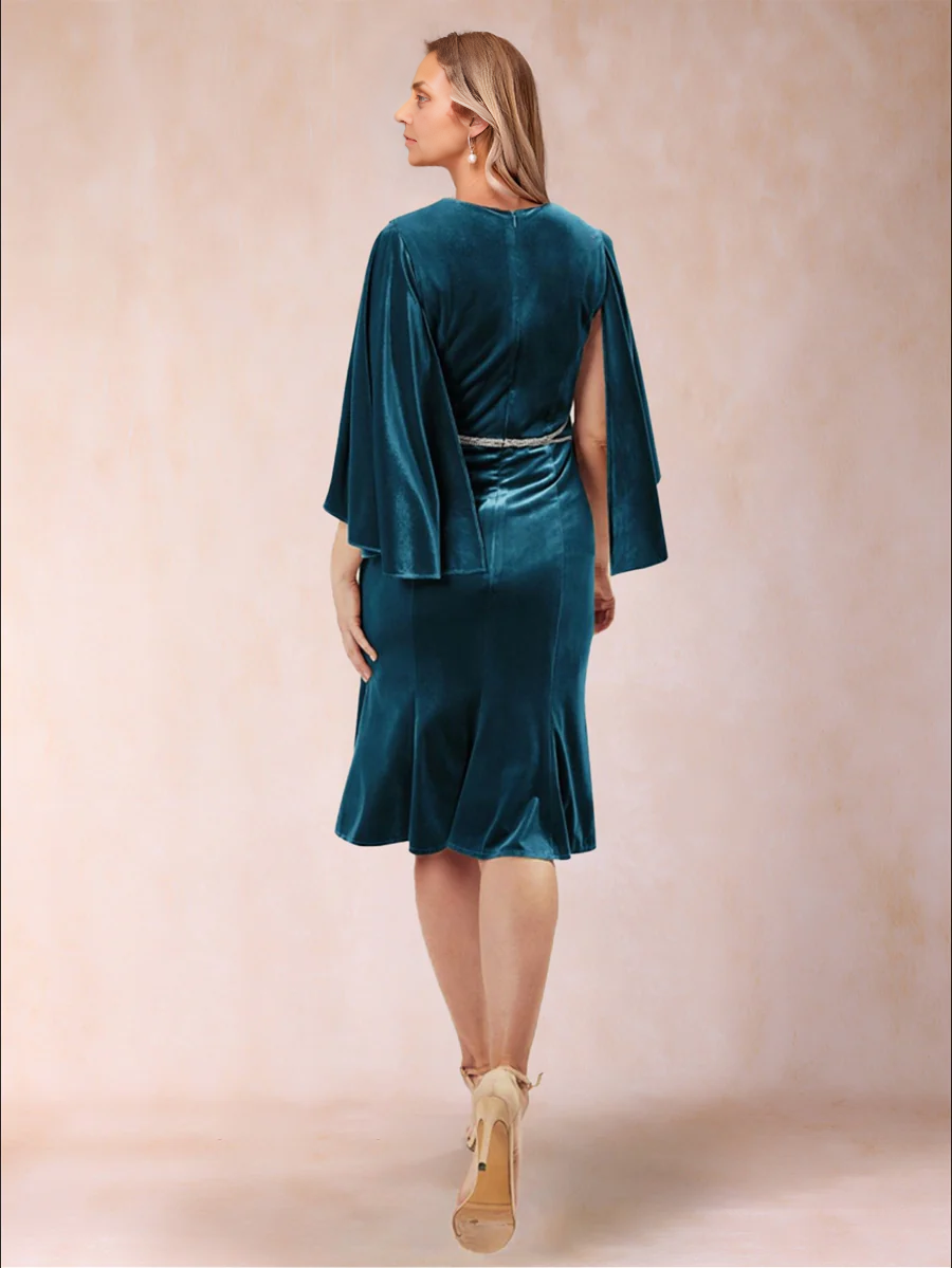 A-Line/Princess Scoop 3/4 Sleeves Knee-Length Evening Dresses Mother of the Bride Dresse with Sash