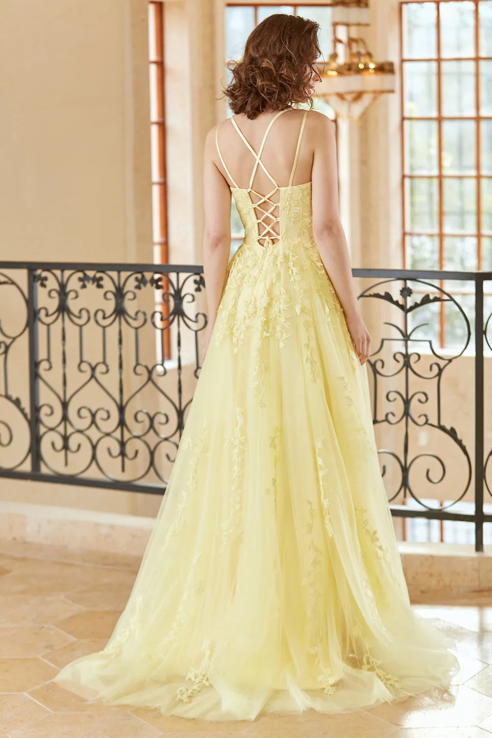 Gorgeous A Line Spaghetti Straps Yellow Long Prom Dress Wedding Guest Dresses with Appliques