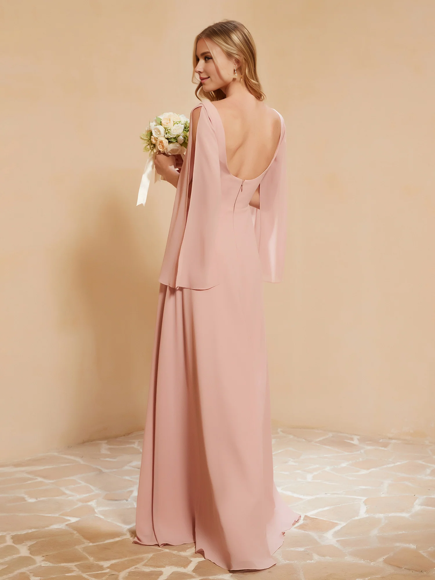 Square Neckline Ruched Chiffon Floor-length Bridesmaid Dress