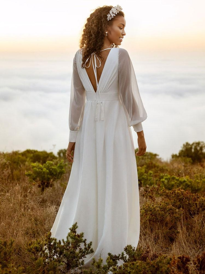 Simple Wedding Dress A-Line V-Neck Long Sleeves Split Front Bridal Gowns