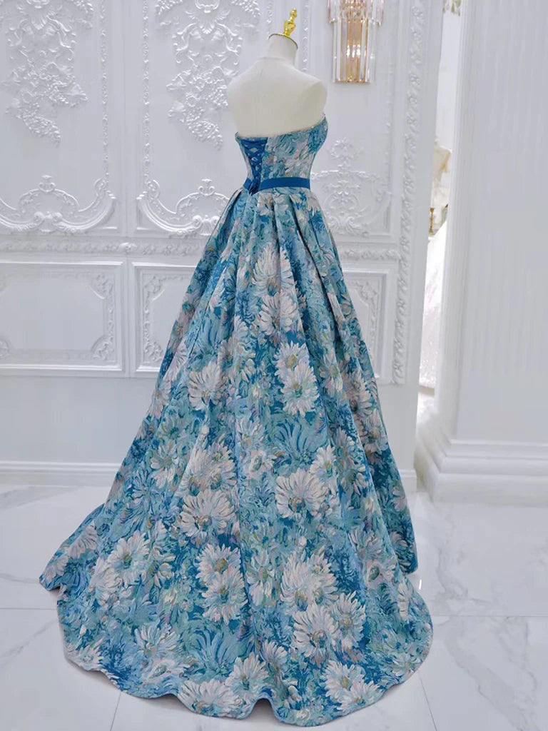 A-Line Flower Satin Blue Long Prom Dress Formal Dress