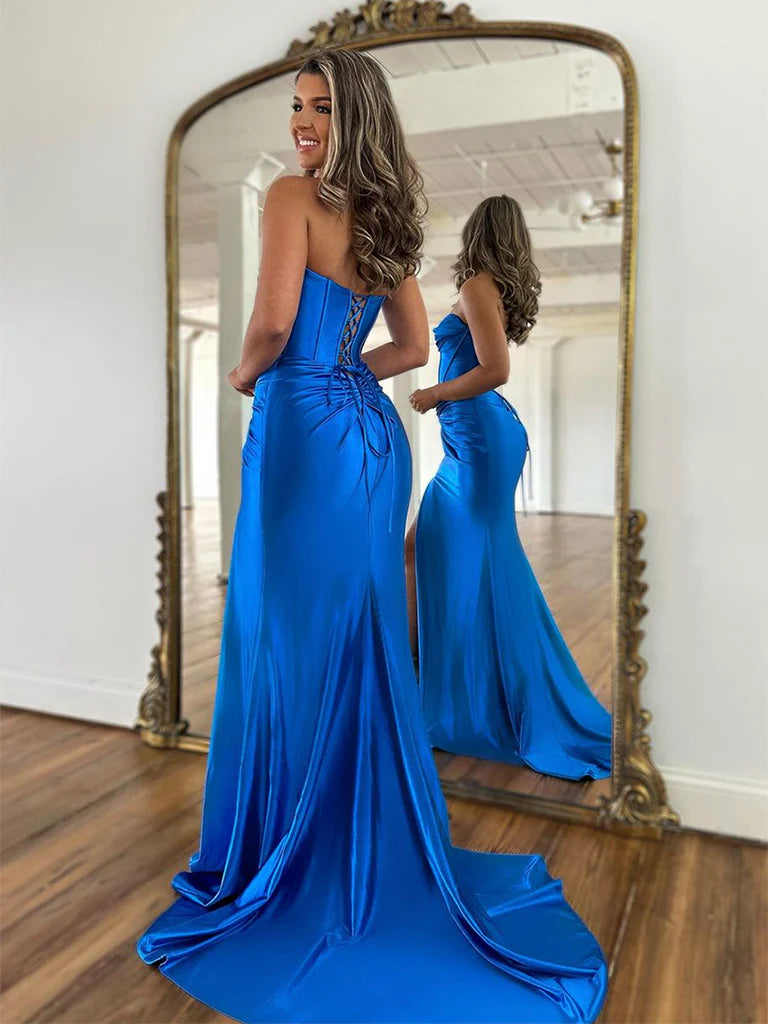 Simple Sweetheart Neck Satin Blue Long Prom Dress Formal Dress With Slit