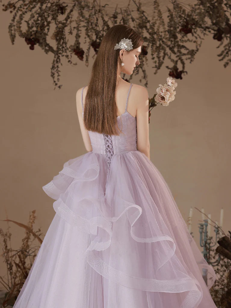 A-Line V-Neck Purple Tulle Long Dress Prom Dress Slip Dress