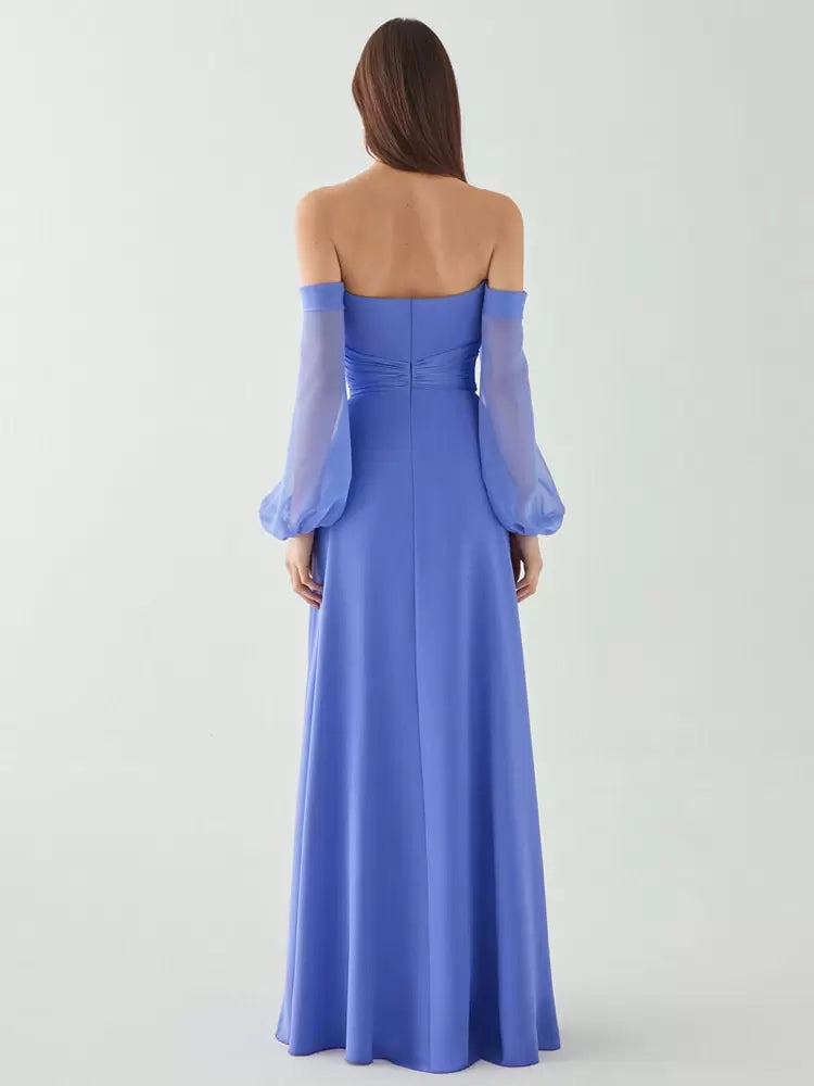 A-Line Pleated High Slit Designed Neckline Floor-Length Chiffon Evening Dress