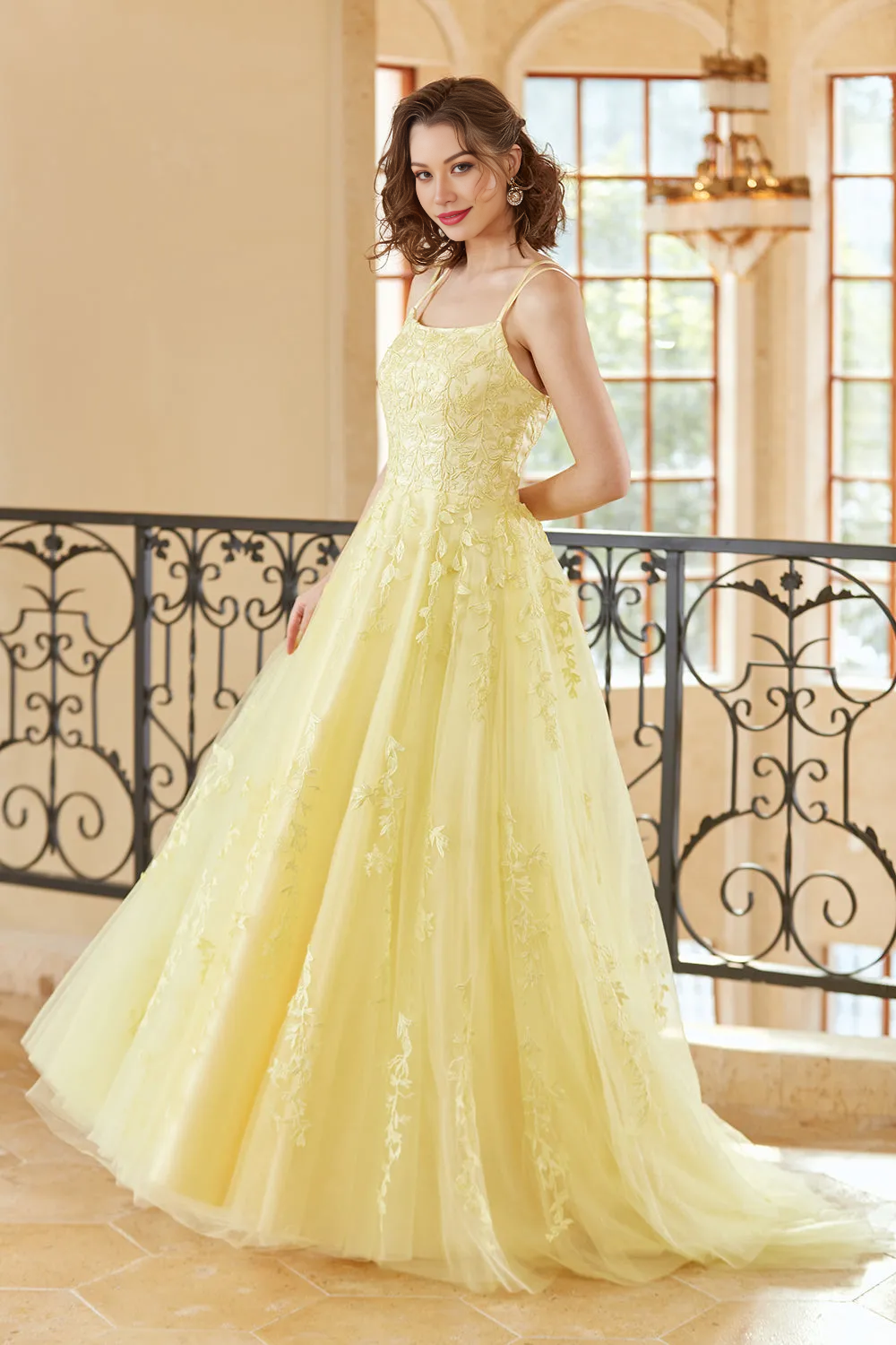 Gorgeous A Line Spaghetti Straps Yellow Long Prom Dress Wedding Guest Dresses with Appliques